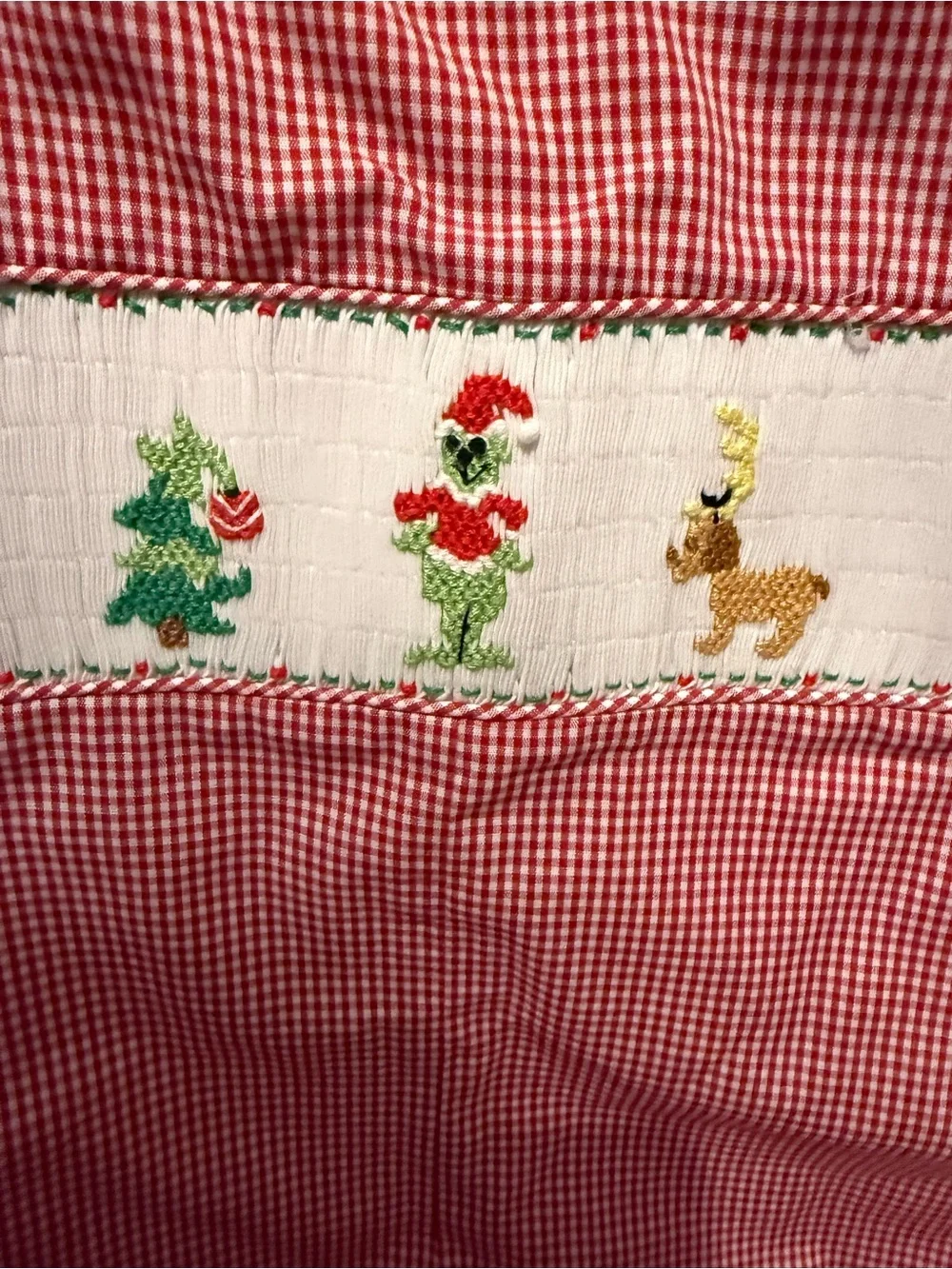 Red Gingham Kids One-Piece with Holiday Smocked Detail